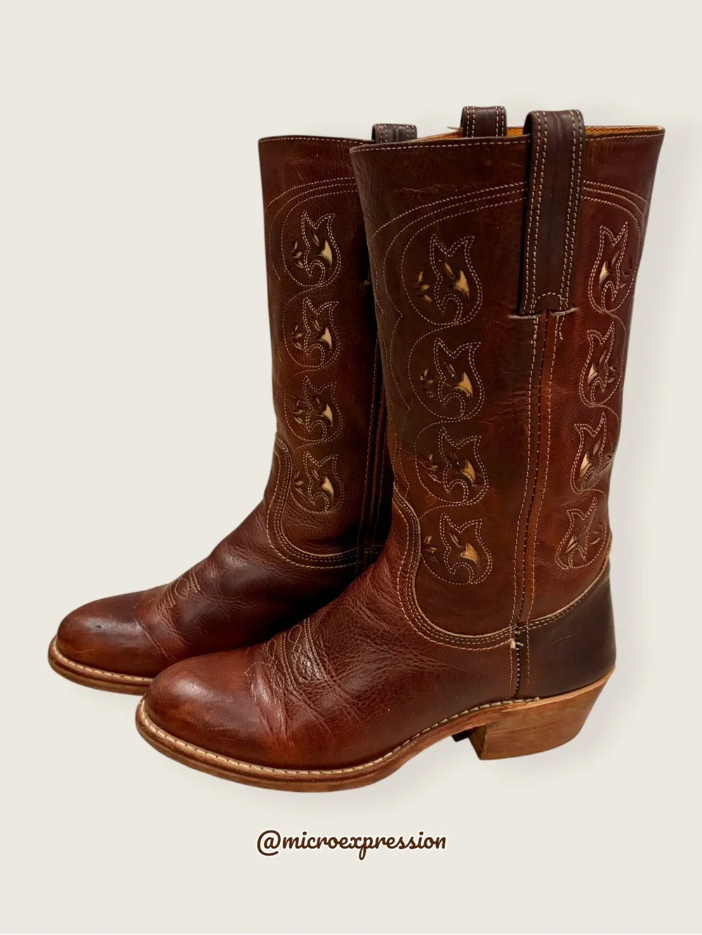 VINTAGE 1980s Frye Austin Brown Leather Floral Embroidered Southern Cowboy Boot